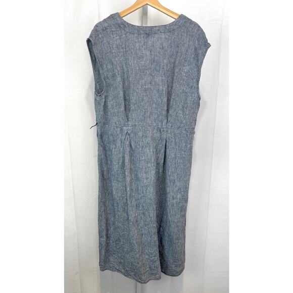 LANDS' END Linen Button Up Midi Dress Cap Sleeve Pleat Waist Blue Size 14 16 L - Picture 2 of 8